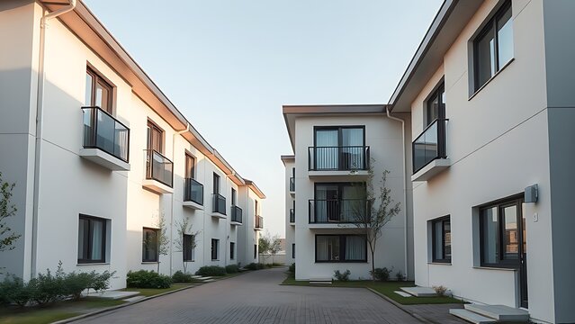 A modern housing complex with clean architectural lines, illuminated by soft daylight.