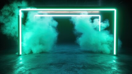 Naklejka premium Neon green-blue light frames smoke-filled room