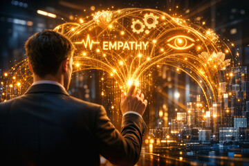 Business leader guiding glowing golden human capital network with empathy icon negotiation gears intuition eye over blue data grid representing emotional intelligence and career growth