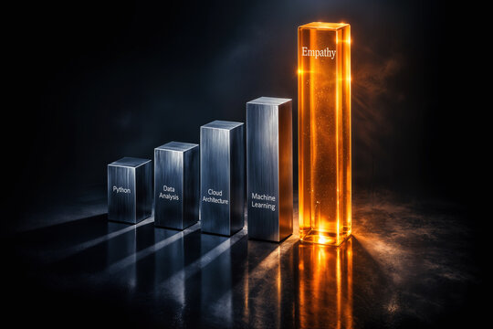 Empathy column towering above cold brushed steel technical skill pillars data visualization sculpture showing human skills premium emotional intelligence value in future of work career development