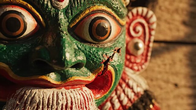 Close Up Of A Detailed Traditional Green And Red Demon Mask With Large Eyes And Intricate Designs Mounted On A Wooden Surface With Warm Sunlight Casting Shadows
