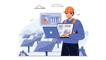 Solar Panel Analyst: A diligent analyst stands amidst solar panels, engrossed in his laptop, studying charts and data related to renewable energy and sustainability. © mahmuda428