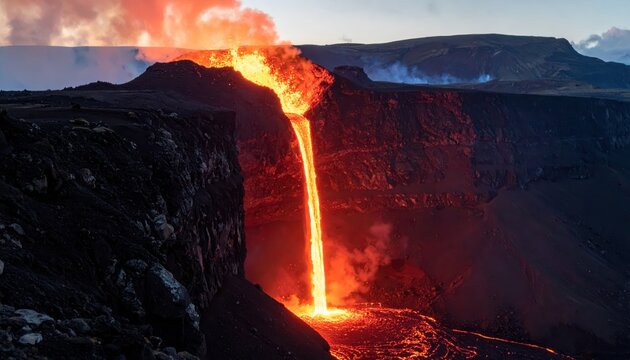 Fiery molten lava cascading over a dark cliff face into a deep shadowy chasm during a dramatic volcanic eruption