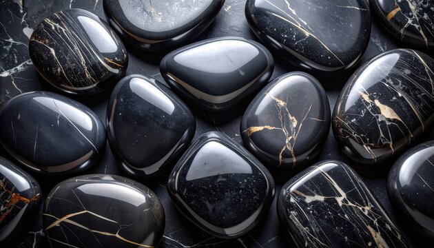 Collection of polished hematite stones, smooth dark and reflective with intricate gold veining, arranged for captivating display