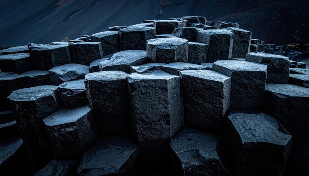 Hexagonal Basalt Columns Forming a Natural Geological Structure in a Dark, Textured Landscape