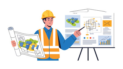 Solar Energy Architect: A dedicated architect stands before a presentation, showcasing the blueprints and layout for a solar energy project, representing innovation and a cleaner future. © mahmuda428