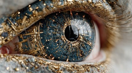 Naklejka premium Intricate cybernetic eye shimmering with golden dust, a mesmerizing concept of future vision and advanced bionic technology and human augmentation