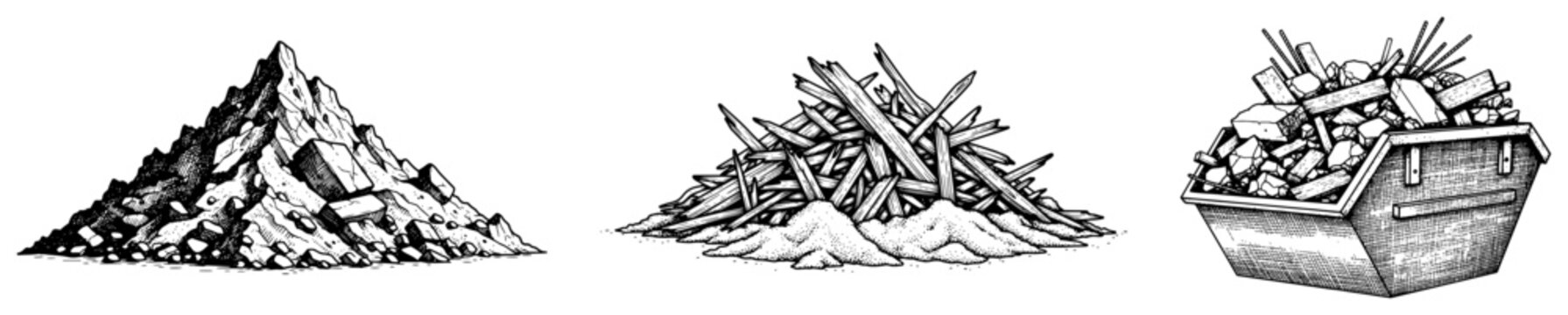 Hand drawn construction waste piles including scrap wood and full dumpster in vintage engraving style