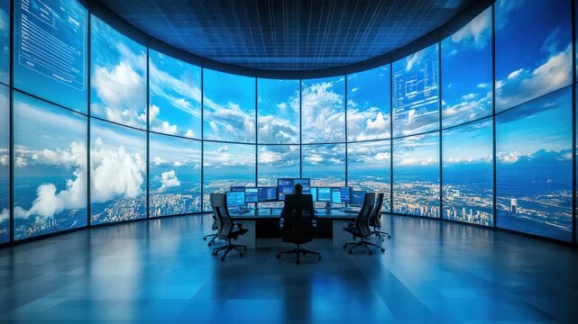 A modern control room overlooking a city with large windows displaying a bright sky