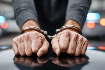 Fototapeta premium Close-up of a man's hands in handcuffs on a shiny car, symbolizing arrest and law enforcement, with police lights blurred in the background adding a dramatic touch.