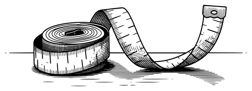Unrolled measuring tape for sewing or construction in vintage hand drawn etching style