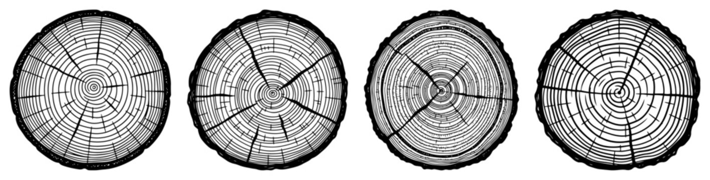 Hand drawn tree trunk cross sections with growth rings in vintage engraving style