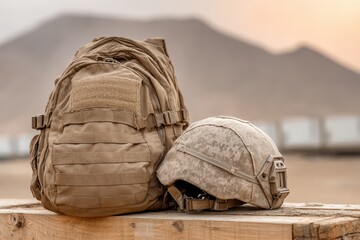 Naklejka premium A military backpack and a camouflage helmet resting on a wooden crate, set against a desert landscape and mountains in the background at dusk, with a sky gradient.