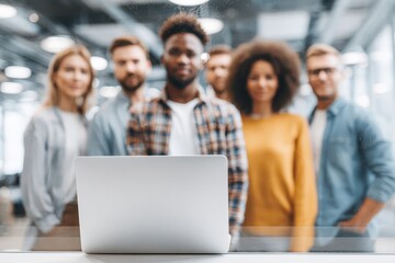 Obraz premium Diverse team standing behind a laptop, looking at the camera with a modern office interior, creating a collaborative and inclusive work environment, embracing diversity and innovation.