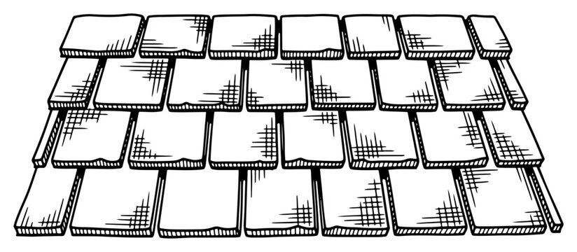 Perspective view of traditional roof shingles in vintage etching style