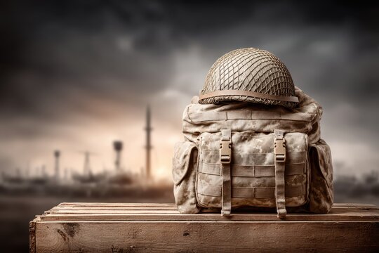 An army helmet rests atop a camo backpack, symbolizing readiness against a somber backdrop with industrial structure, conveying strength and preparedness for challenges ahead.