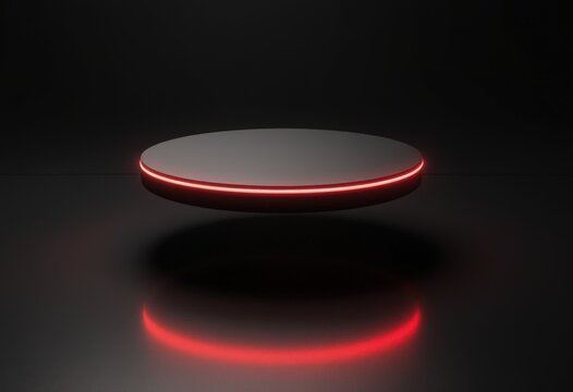 Futuristic red-glowing floating disc on dark surface
