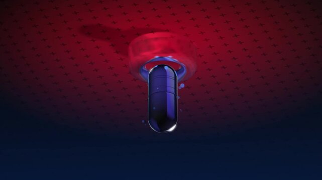 Inverted perspective of a blue medical capsule emerging from a red glowing circular vent on a patterned dark ceiling suggesting alien technology or advanced medicine