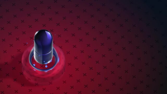 High angle view of a blue medicine capsule suspended above a red illuminated ring on a dark cross patterned surface representing data driven pharmaceutical research