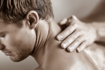 Fototapeta premium Close-up studio shot showcasing a man receiving a neck massage, emphasizing relaxation and therapeutic touch, spa treatment for wellness and stress relief.