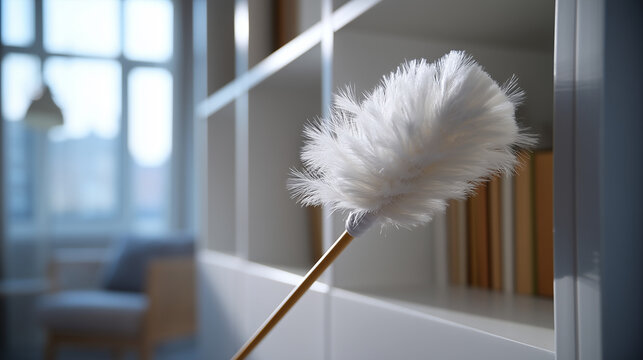 A detailed close-up of a fluffy microfiber duster cleaning a modern, minimalist white bookshelf. Soft, diffused morning light streams into the room, highlighting the dust-free, imm