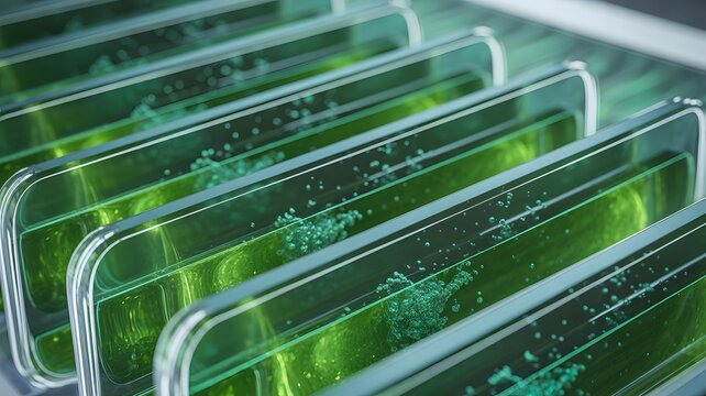 Close-up of green algae growing in clear glass bioreactors, showcasing sustainable biotechnology and renewable energy research