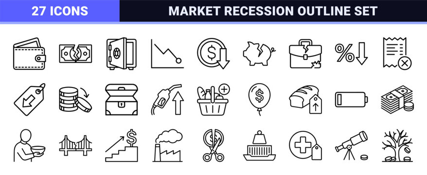 Financial Crisis Technical Monoline Symbols for Economic Recession Analysis and Currency Devaluation Visuals with Minimalist Outline Aesthetic