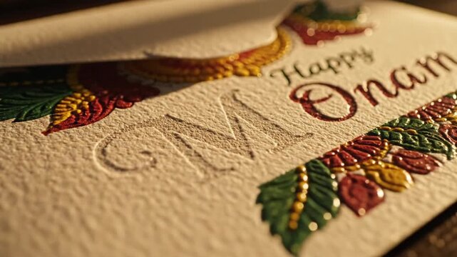 Close Up Of A Textured White Envelope Featuring Embossed Golden Letter M And Colorful Decorated Border With Happy Onam Text In Calligraphy Style Lit By Soft Warm Sunlight Creating Dramatic Shadows