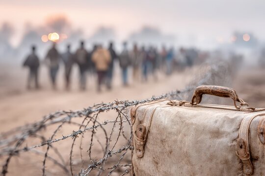 A poignant image captures a weathered suitcase and barbed wire, symbolizing displacement and migration with a group of refugees in the background, walking toward a distant destination.