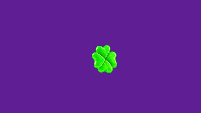 Green four leaf clover icon with a glossy 3D texture centered on a vibrant purple background for luck and St Patricks Day concepts