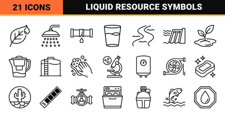 Naklejka premium Minimalist Water Conservation Monoline Elements Featuring Sustainable Resource Management Symbols and Pure Liquid Purification Graphics