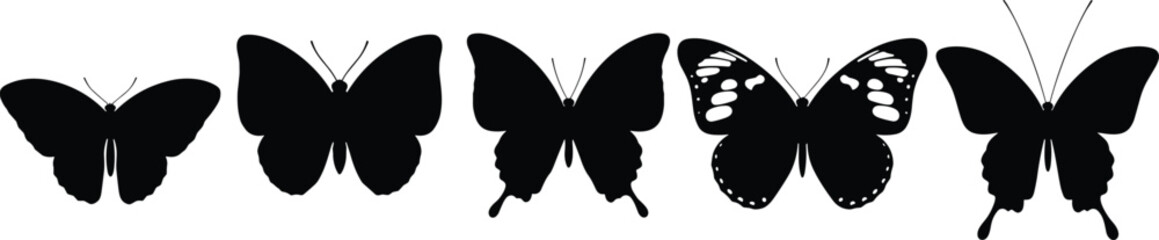 Black silhouette illustration of five butterflies in horizontal arrangement, distinct wing shapes and body structures, artistic vector design for entomology, nature, and decorative concepts © Sohel