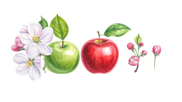 Botanical illustration of an apple life cycle from white spring blossoms and young green fruit to a ripe red apple with a leaf on white background