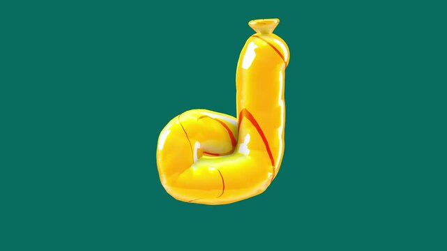 Three dimensional render of a glossy yellow balloon letter j with orange stripes and highlights for vibrant digital typography and modern graphic design
