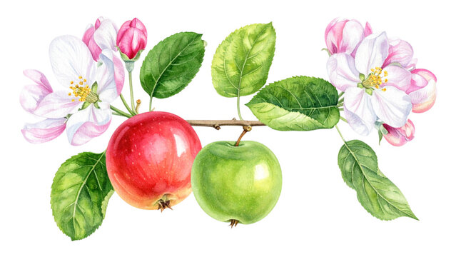 Botanical illustration of an apple life cycle from white spring blossoms and young green fruit to a ripe red apple with a leaf on white background