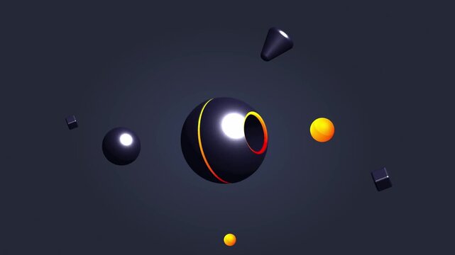 Abstract 3D sphere with a hollow glowing core floating among geometric shapes in a dark void representing a portal or advanced core energy for tech concepts