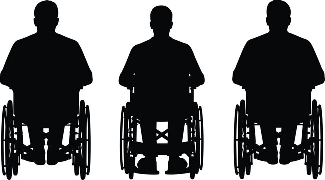 Black silhouette illustration of three individuals seated in wheelchairs, front view design emphasizing accessibility, mobility aids, disability awareness, healthcare, and inclusive 