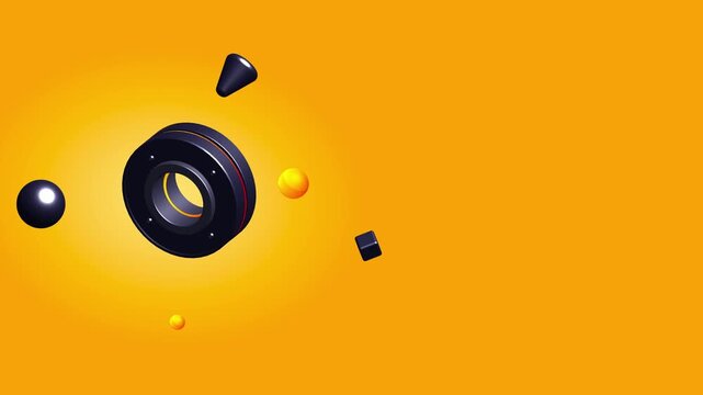 Perspective view of a 3D mechanical circular object with floating spheres on a minimalist yellow background suitable for tech startups and innovation branding