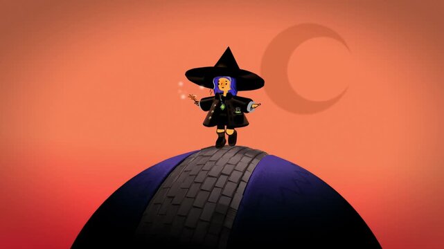 Witch character with blue hair and a black hat floats above a curved cobblestone path against a warm orange gradient background with a crescent moon