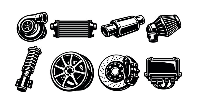 Black and white vector set of car parts illustrations including turbo air filter and exhaust