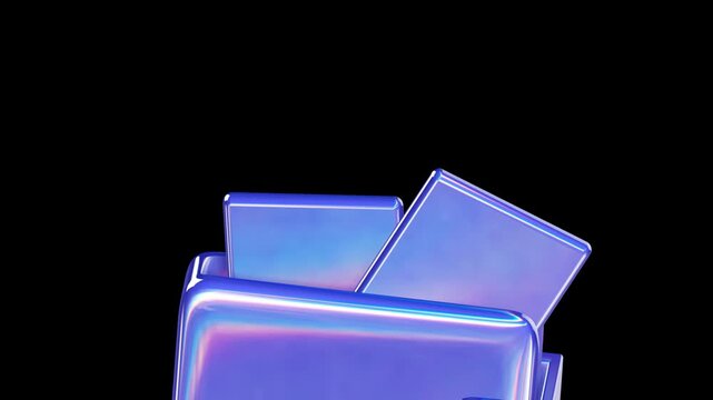 Wallet close up view showing holographic texture and credit card details with a pearlescent purple and blue color palette against black