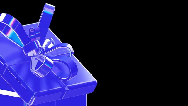 Gift box bow close up view featuring a metallic holographic ribbon with a vibrant iridescent color shift and sharp 3D rendering
