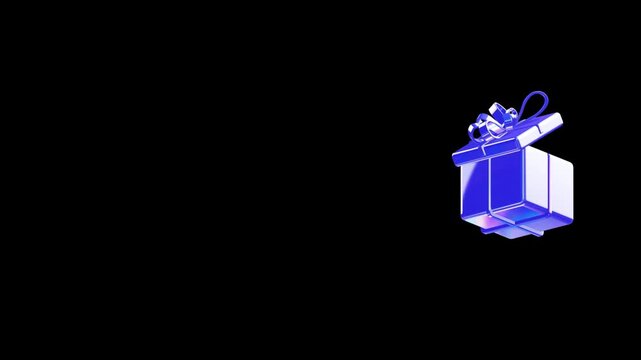 Gift box 3D icon positioned on the right side with a holographic finish and open lid over a clean black background for copy space