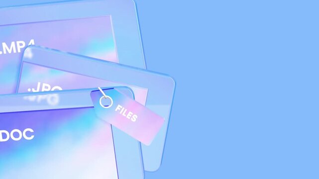 Floating holographic file icons with labels on a blue gradient background emphasizing digital organization and cloud storage solutions for modern businesses