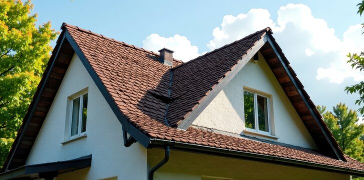 Damaged house roof with missing shingles exposed to the elements, windstorm impact, roof loss after Hurricane Ian