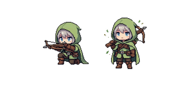 pixel art character of a mysterious rogue wearing a green hood and cloak, kneeling and aiming a heavy wooden crossbow.
