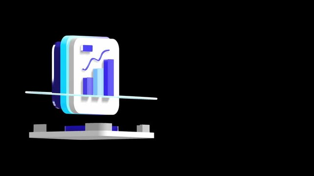 Financial data dashboard with 3D bar graphs and a rising blue line chart floating over a white platform in a dark minimalist virtual workspace
