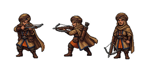 pixel art illustration of a desert nomad warrior in traditional tan robes and turban, aiming a crossbow during battle. © Raka Firdaus 