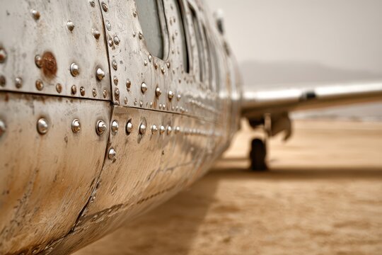 Close up of weathered aircraft fuselage with rivets and windows, showcasing its unique construction and design features of old airplane in the desert.