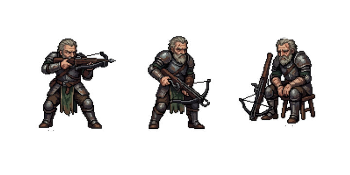 pixel art depiction of an aging veteran knight in heavy armor, reflecting in exhaustion and aiming his crossbow solemnly.